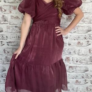 Polagram Deep Burgundy Midi Dress with Puff Sleeves